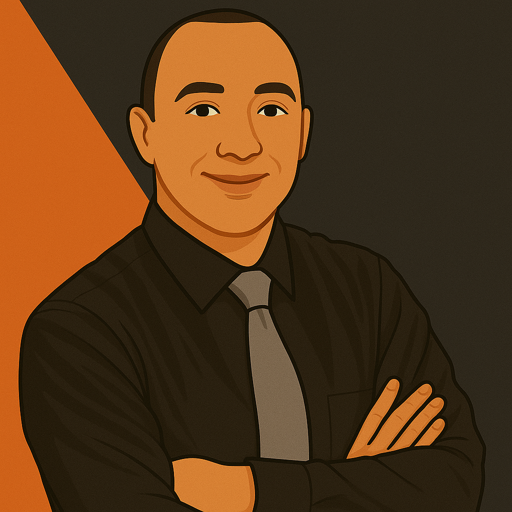 Illustrated portrait of Addiel wearing a black shirt and gray tie with arms crossed, smiling confidently in front of a bold orange and black background.