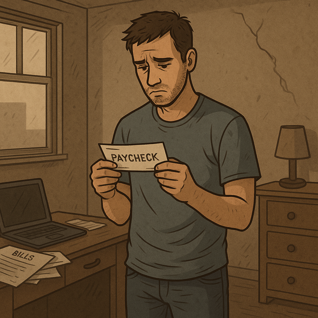 Illustration of a worried man holding a paycheck in a dim room with bills and a laptop nearby