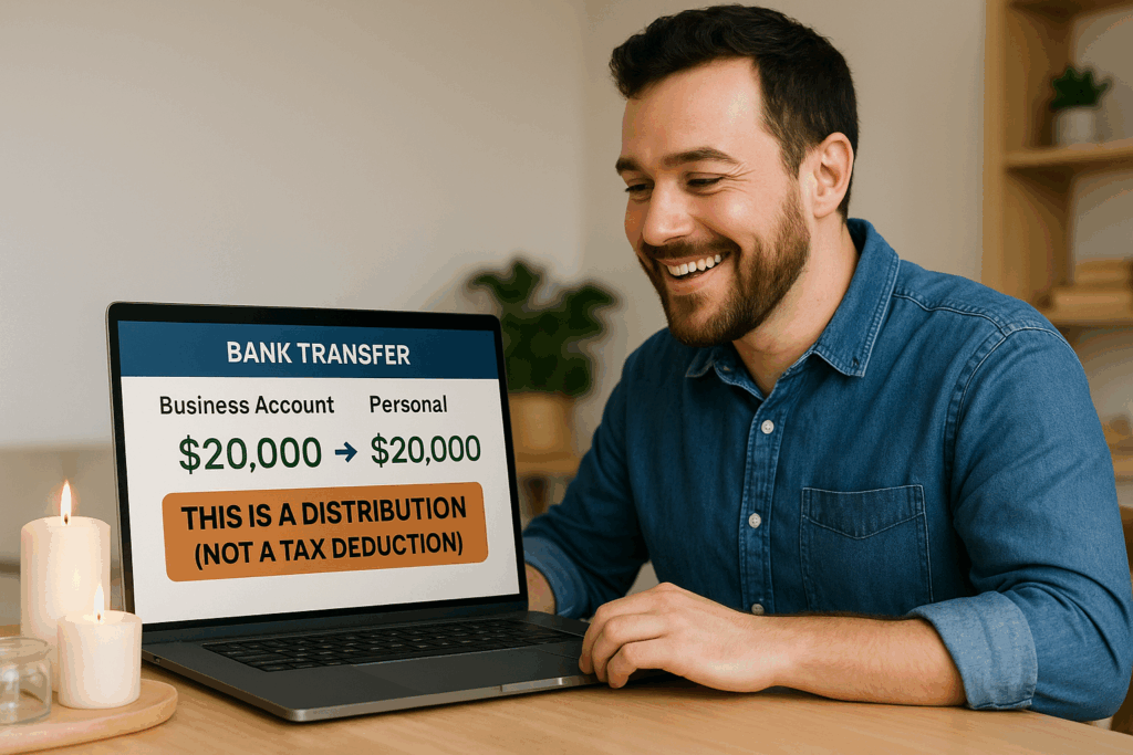 Man transferring $20,000 from his business to personal bank account on his laptop, with a label on screen reading "This is a distribution (not a tax deduction)."