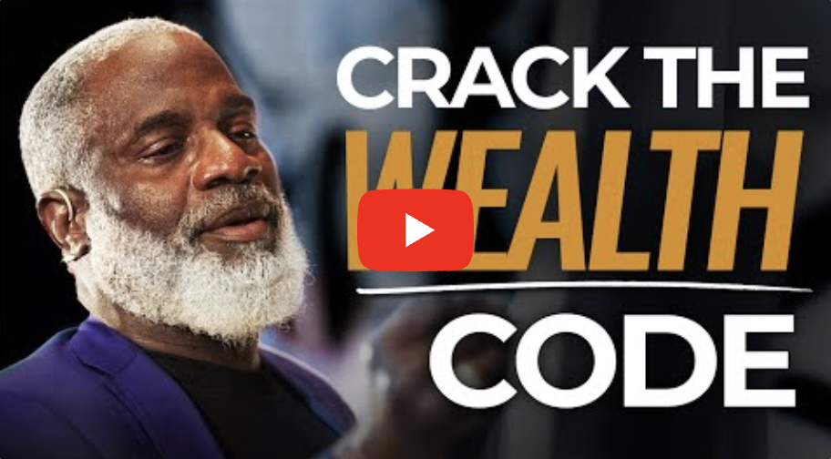 Myron Golden speaking in front of bold text that says "Crack the Wealth Code"
