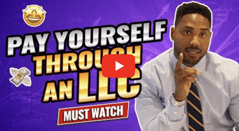 Karlton Dennis in a dress shirt and tie pointing thoughtfully, with bold text reading “Pay Yourself Through an LLC - Must Watch” on a purple background.